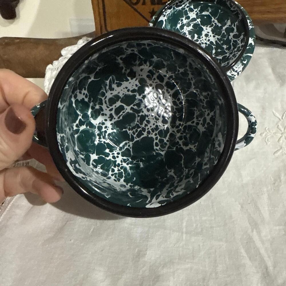 VTG Graniteware Enamel Ware USA Covered Sugar Bowl Dark Green Primitive Farmhous - Picture 3 of 8